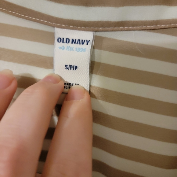 Old Navy Tan and Teal Striped Button Up with Two Chest Pockets - Picture 2 of 3